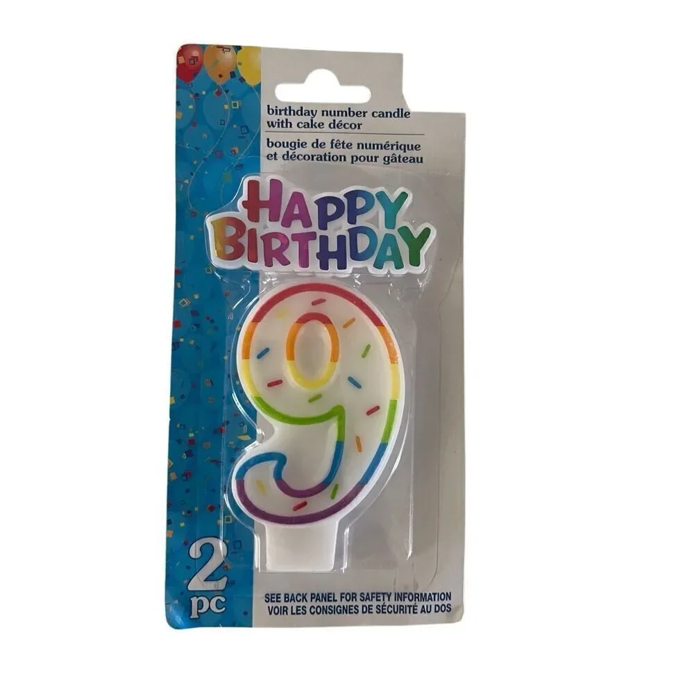Number 9 Birthday Candle & Cake Topper Set, 2pc, Rainbow Sprinkles, Unisex